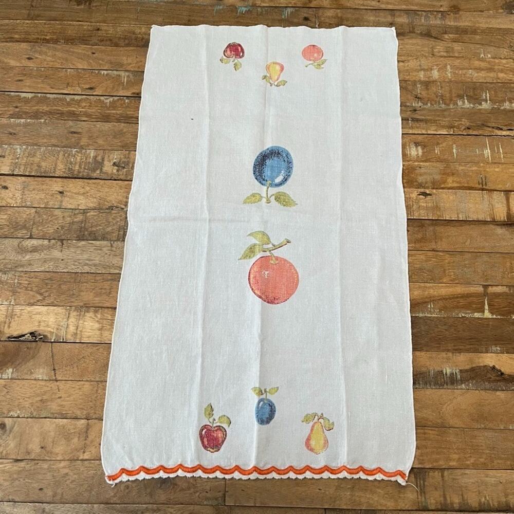 Vintage Linen Kitchen Tea Towel Printed Fruit Motif Scallop Decorative Trim